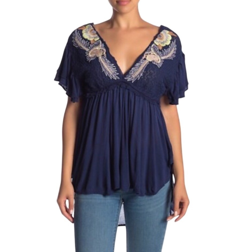 Free People Nueva Fiesta Tunic Top Navy Blue Embroidered boho bohemian med - Picture 2 of 8